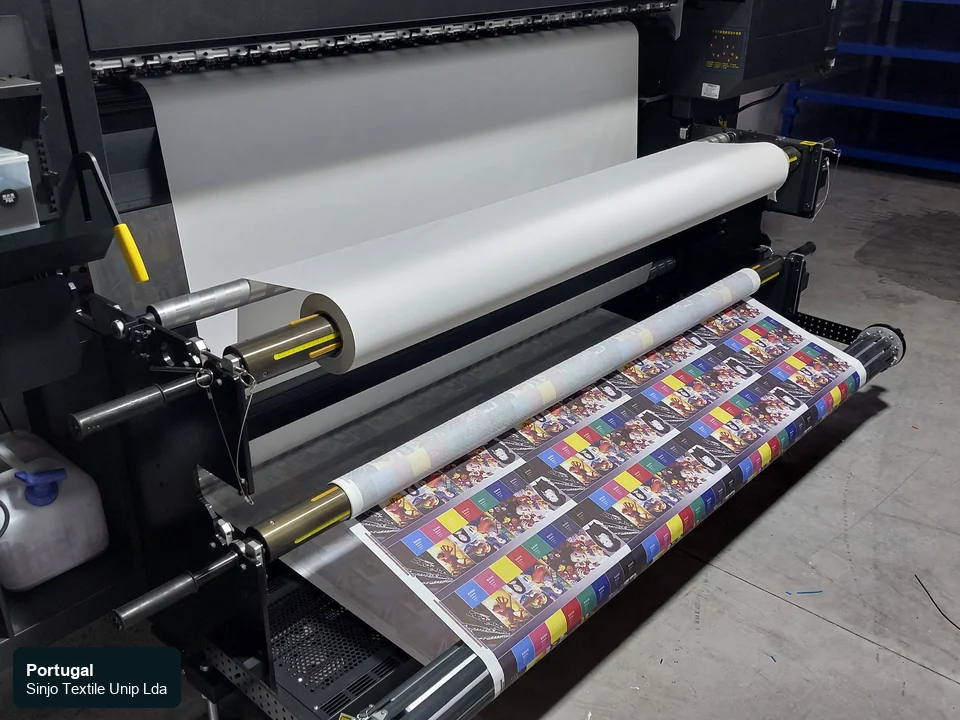 Digital textile printer with visible colourful printed output at Sinjo Textile in Portugal