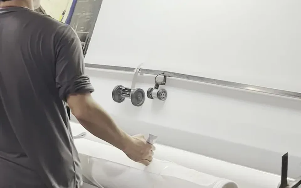 White fabric being visually reviewed at an inspection machine