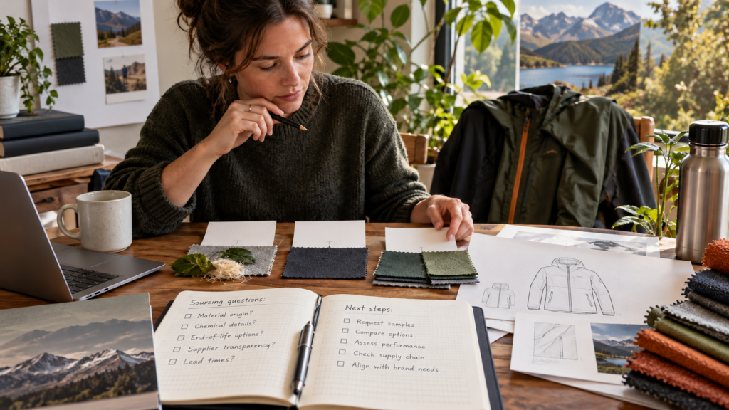 Concept illustration: a buyer comparing outdoor fabric samples and jacket development sketches at a desk.